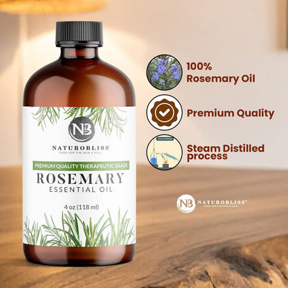 NaturoBliss Rosemary Essential Oil - 4 fl oz, 100% Pure, Therapeutic Grade, Glass Dropper