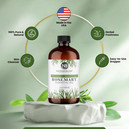 NaturoBliss Rosemary Essential Oil - 4 fl oz, 100% Pure, Therapeutic Grade, Glass Dropper