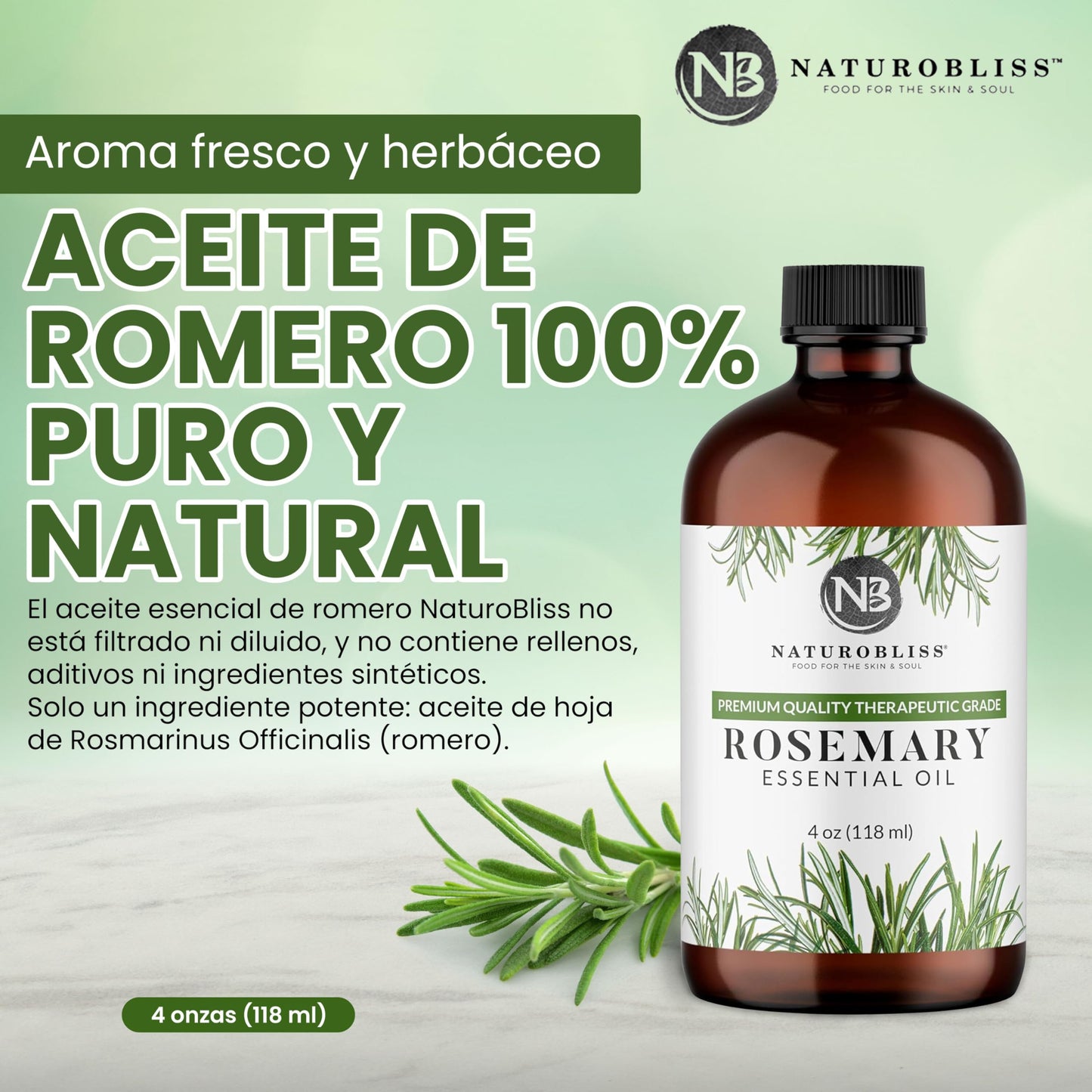 NaturoBliss Rosemary Essential Oil - 4 fl oz, 100% Pure, Therapeutic Grade, Glass Dropper