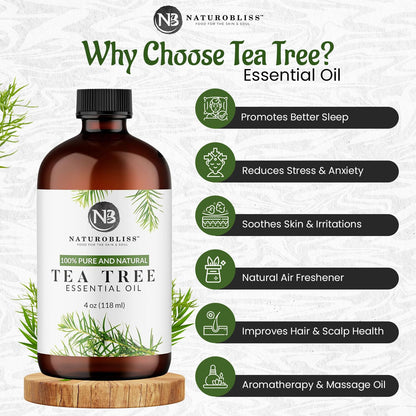 NaturoBliss Tea Tree Essential Oil – 4 oz / 120 ml – Therapeutic Grade, Pure & Undiluted