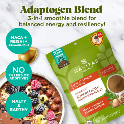 Navitas Organics Superfood+ Adaptogen Blend for Stress Support (Maca + Reishi + Ashwagandha) – 6.3oz, 30 Servings