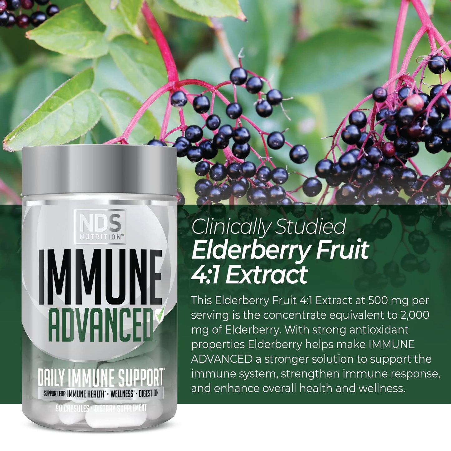 NDS Nutrition Advanced Immune Booster - Elderberry, Vitamin C, D, Zinc & Probiotic (90 capsules)