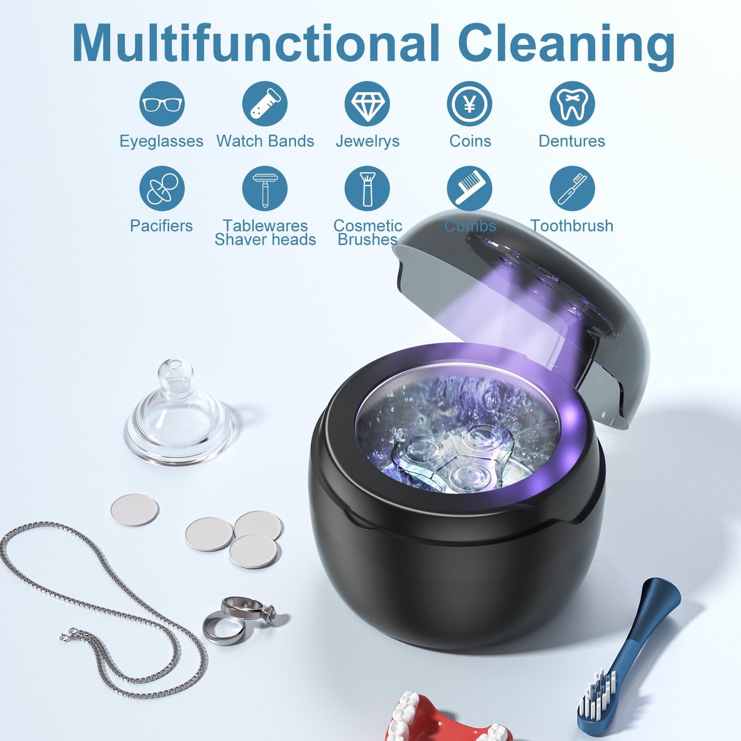 Neatevday Ultrasonic Retainer Cleaner - 250ml, 50kHz, 4 Modes, Digital Timer, for Aligners & Jewelry - Black
