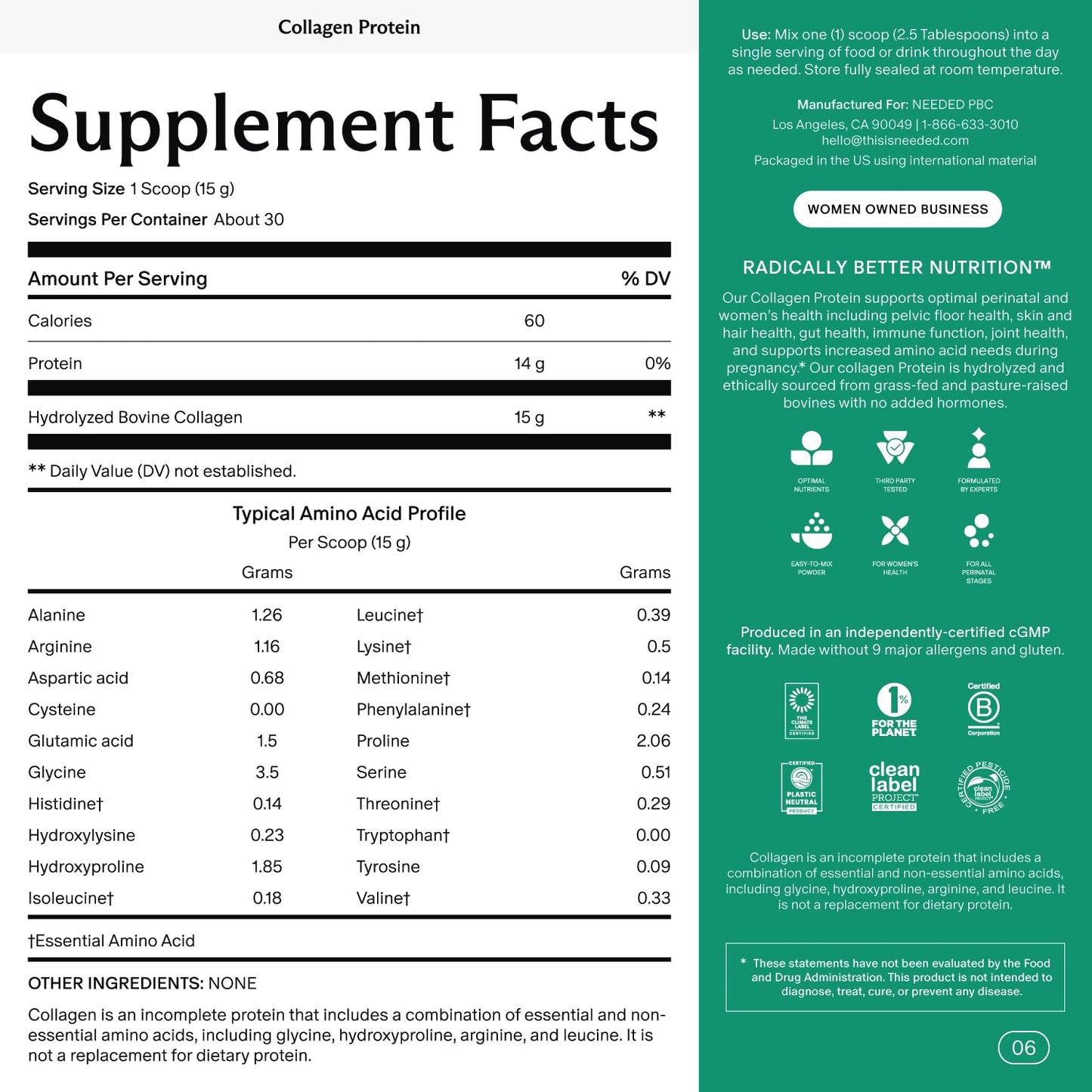 Needed Hydrolyzed Collagen Protein Powder – Grass-Fed, Hormone-Free, 1lb