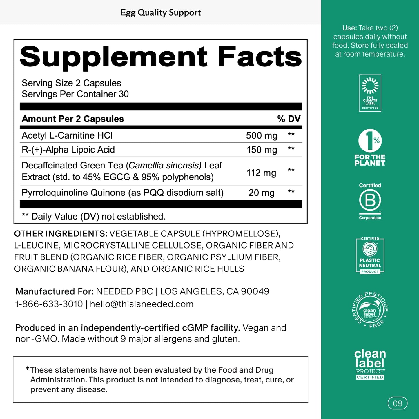 Needed Egg Quality Support - Antioxidant Fertility Supplement for Women | 60 Capsules
