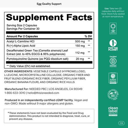 Needed Egg Quality Support - Antioxidant Fertility Supplement for Women | 60 Capsules