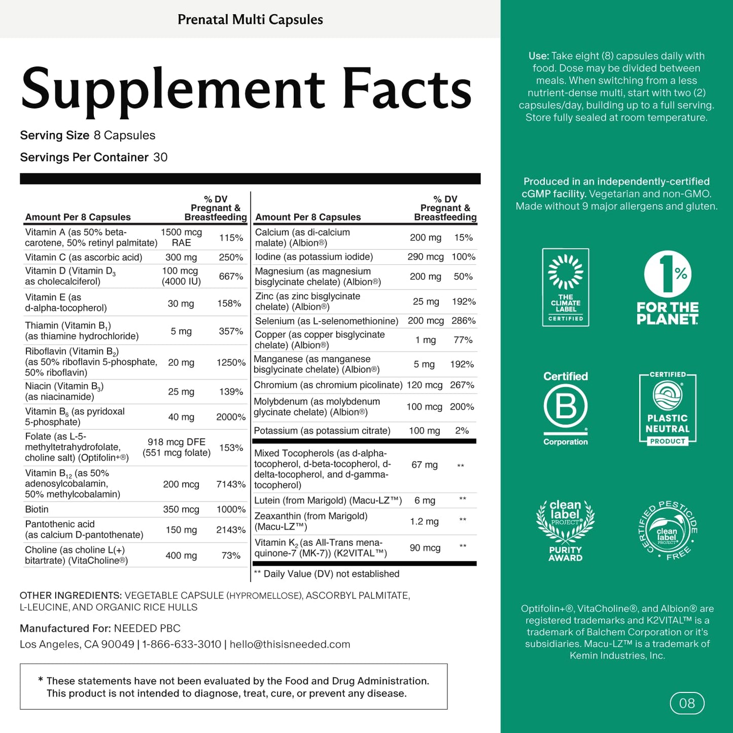 Needed Prenatal Multivitamin with Choline – 30-Day Supply, Third-Party Tested