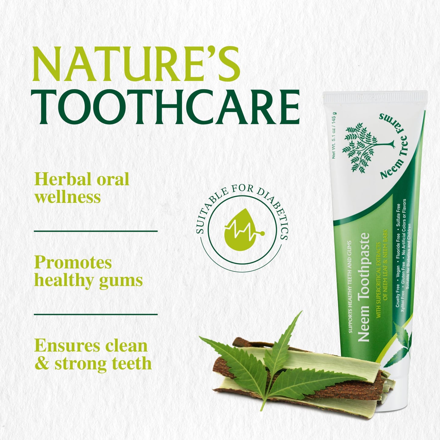 Neem Fluoride Free Toothpaste - Vegan, Gluten Free, Clove & Stevia (2 Pack)