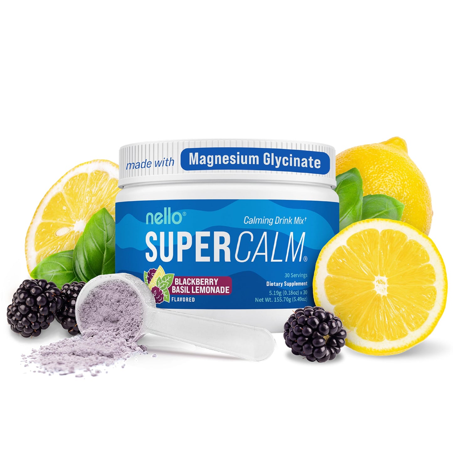 Nello SuperCalm Powdered Drink Mix Tub - Cortisol Reducer* & Sleep Aid - L Theanine, KSM-66 Ashwagandha, Magnesium Glycinate, Vitamin D3 - No Sugar, Non GMO - 30 Servings - BlackBerry Basil