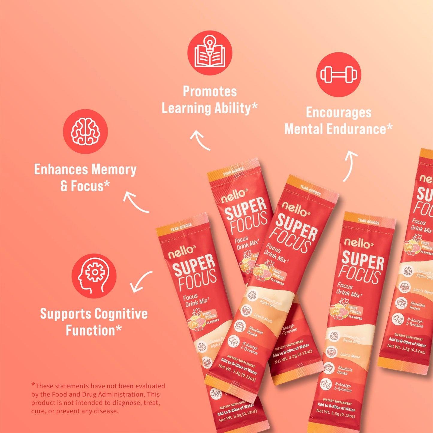 Nello Superfocus Drink Mix – Fruit Punch, Sugar-Free, On-The-Go Packets