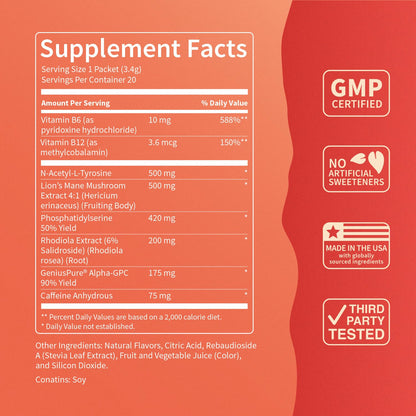 Nello Superfocus Fruit Punch – Sugar-Free Nootropic Drink Mix with 75 mg Caffeine, 20 Packets
