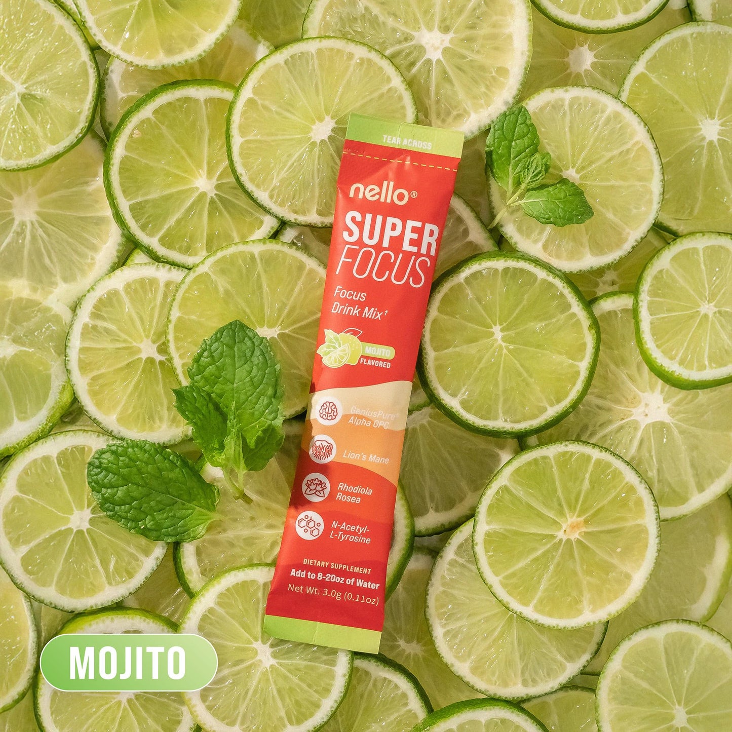 Nello Superfocus Mojito – Sugar-Free Nootropic Drink Mix (20 Packets) for Focus