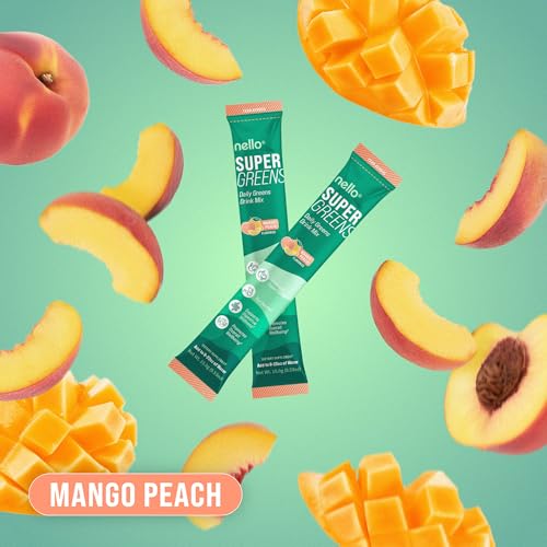 Nello Supergreens Premium Greens Drink Mix – Mango Peach, 20 Servings, Travel Pack