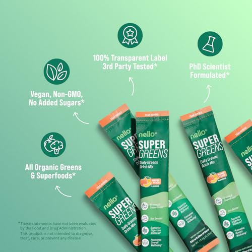 Nello Supergreens Premium Greens Drink Mix – Mango Peach, 20 Servings, Travel Pack