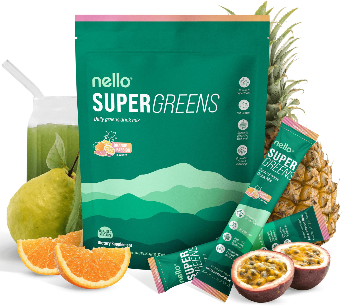 Nello Supergreens Premium Greens Drink Mix with Chlorella, Moringa, Spinach & Probiotics – Orange Travel Pack (20 Servings)