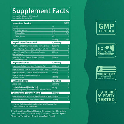 Nello Supergreens Premium Greens Drink Mix with Chlorella, Moringa, Spinach & Probiotics – Orange Travel Pack (20 Servings)