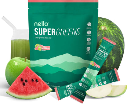 Nello Supergreens Premium Greens Drink Mix – Chlorella, Moringa, Probiotics, Spinach & Broccoli (Sour Watermelon, 20 Servings)
