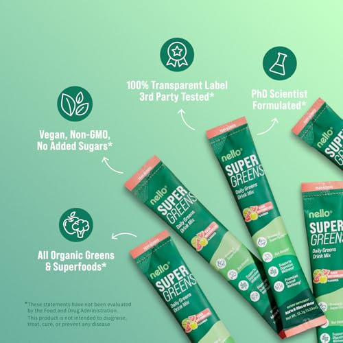Nello Supergreens Premium Greens Drink Mix – Chlorella, Moringa, Probiotics, Spinach & Broccoli (Sour Watermelon, 20 Servings)