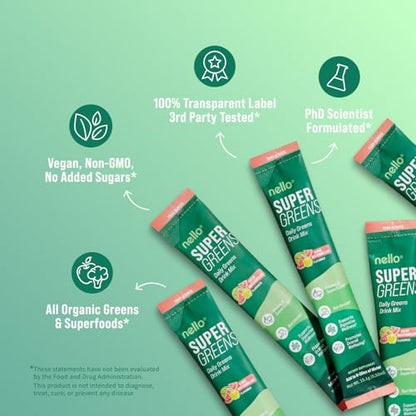 Nello Supergreens Premium Greens Drink Mix – Chlorella, Moringa, Probiotics, Spinach & Broccoli (Sour Watermelon, 20 Servings)