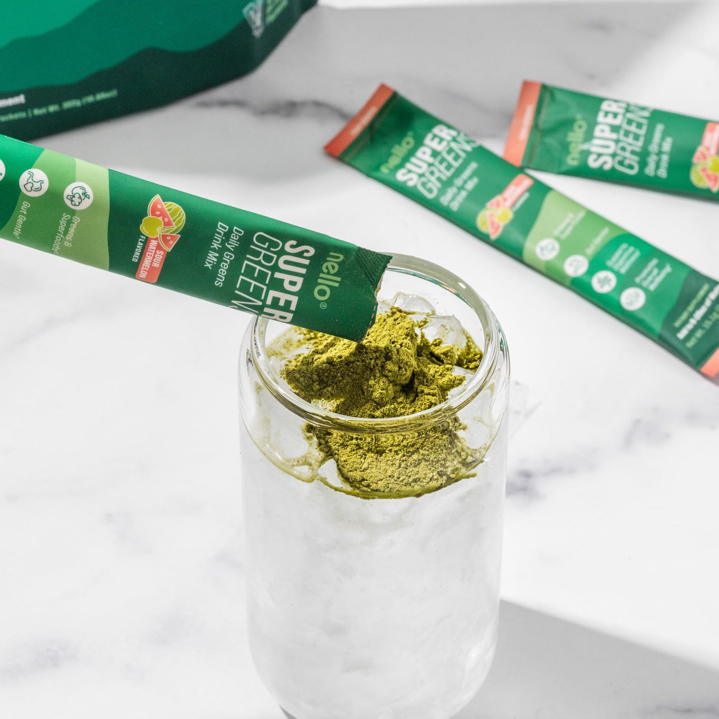 Nello Supergreens Premium Greens Drink Mix – Chlorella, Moringa, Probiotics, Spinach & Broccoli (Sour Watermelon, 20 Servings)