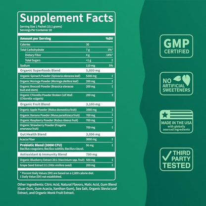 Nello Supergreens Premium Greens Drink Mix – Chlorella, Moringa, Probiotics, Spinach & Broccoli (Sour Watermelon, 20 Servings)