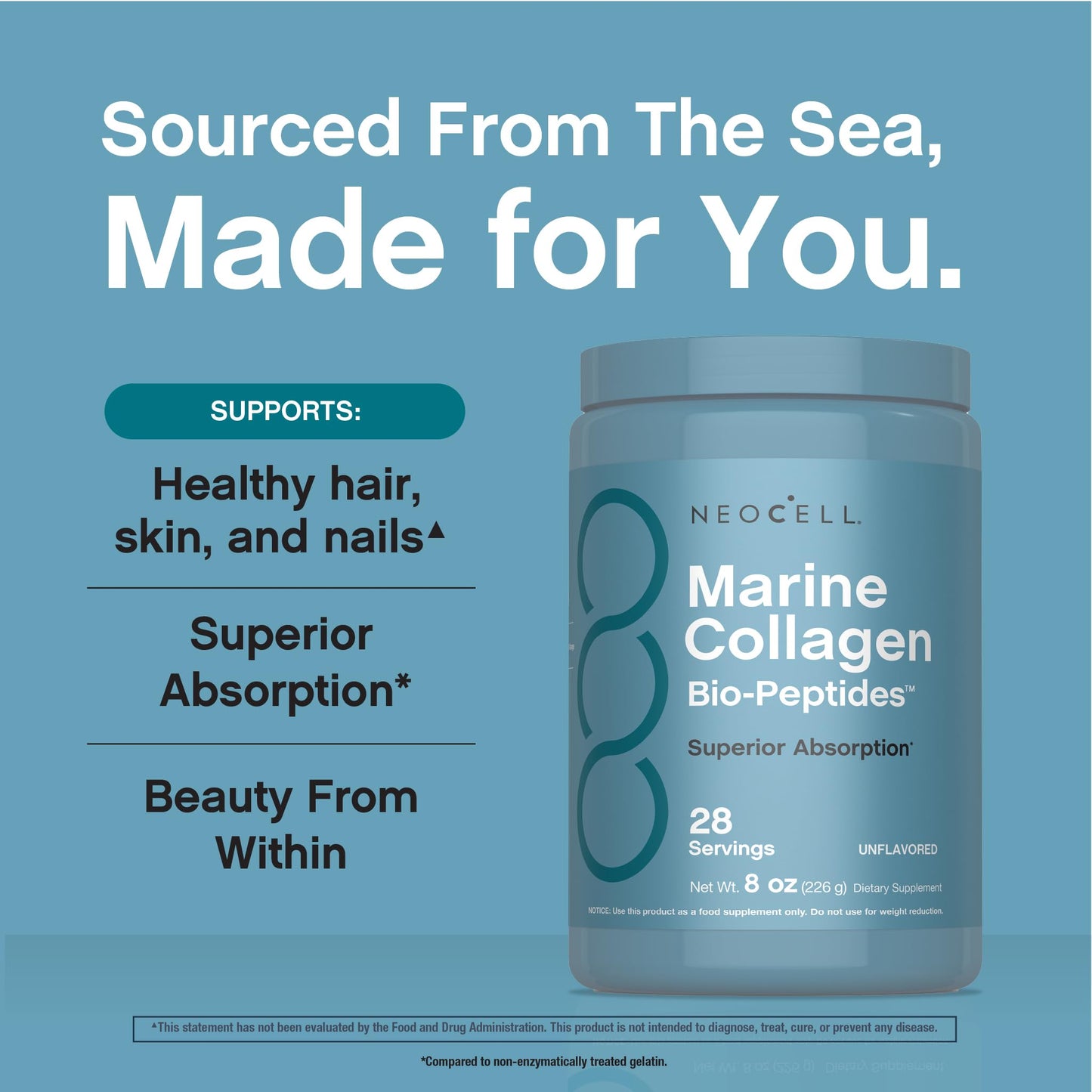 NeoCell Marine Collagen Peptides Powder – 8 oz Unflavored | Superior Absorption | Hair, Skin & Nails