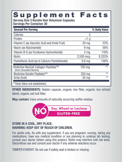 NeoCell Keratin Hair Volumizer with Collagen, Amla Extract & Vitamin C | Hair & Skin Supplement | 60 Count