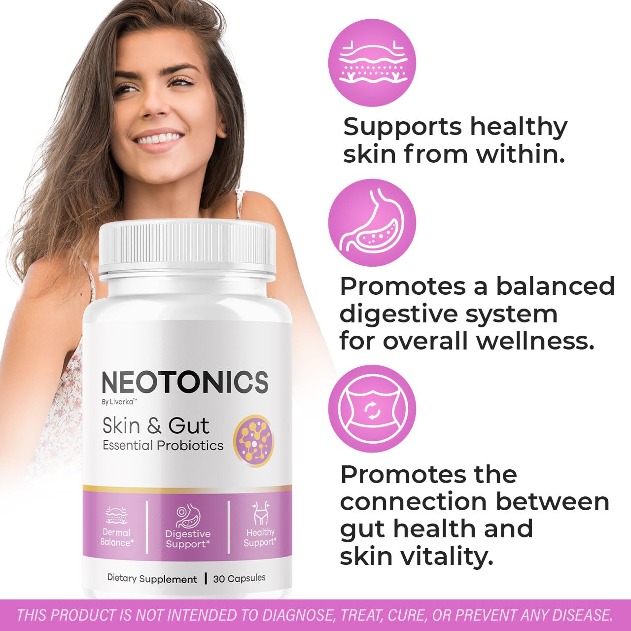 Neotonics Capsules – Official Skin & Gut Probiotics, 30-Capsule 1-Month Formula
