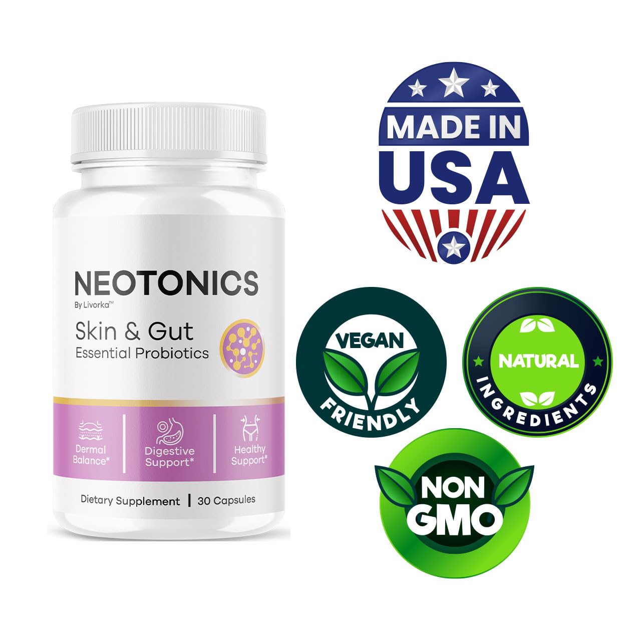 Neotonics Capsules – Official Skin & Gut Probiotics, 30-Capsule 1-Month Formula
