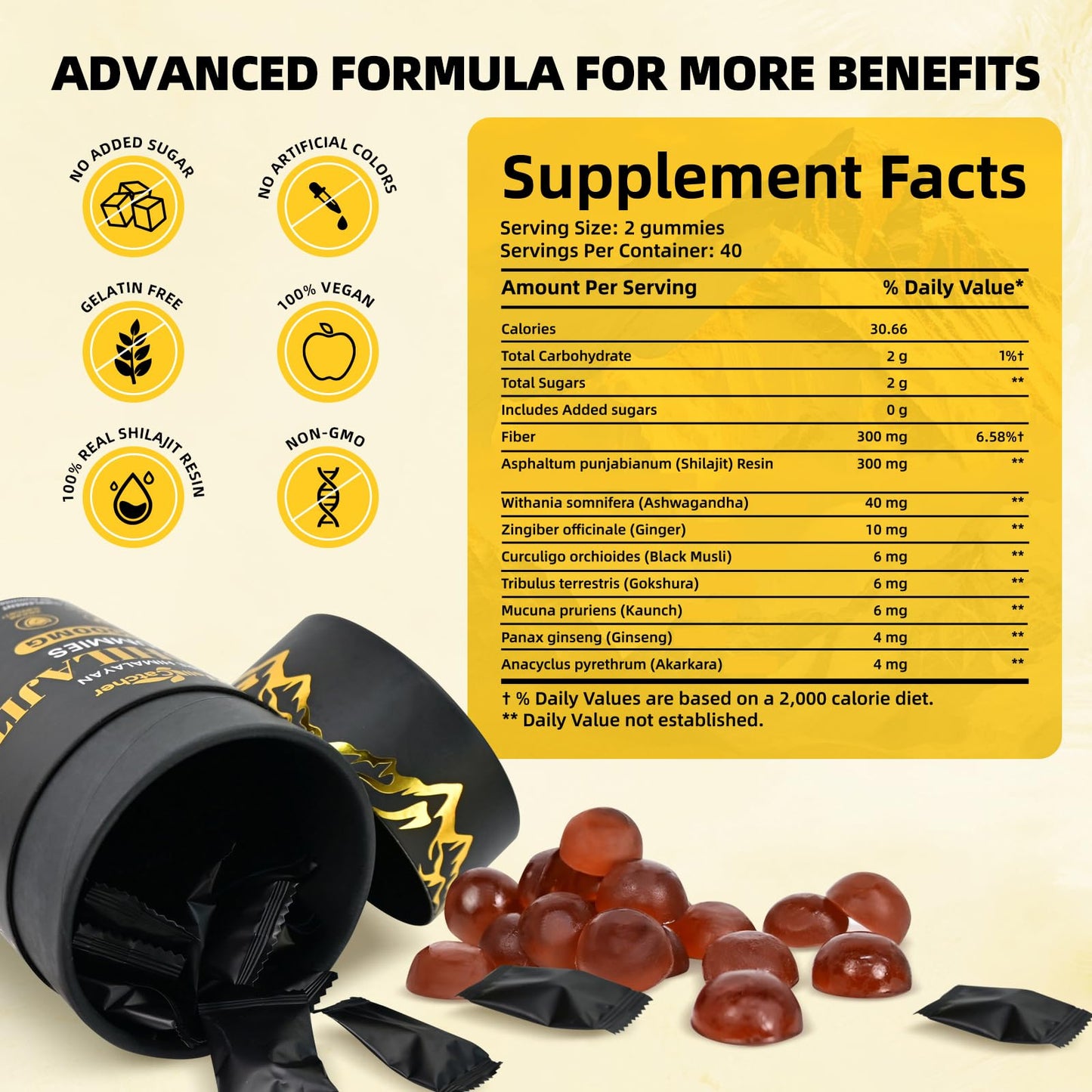 Shilajit Gummies for Men & Women — Pure Himalayan Shilajit with Ashwagandha, 85+ Minerals, No Sugar, 40 Servings