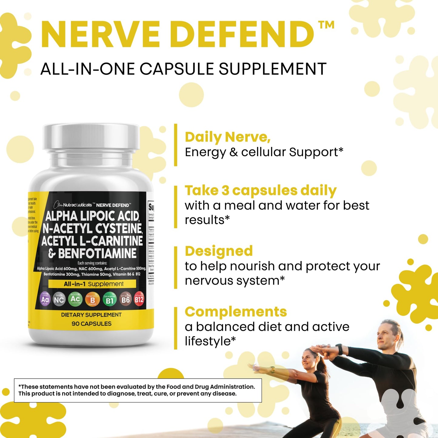 Alpha Lipoic Acid 600mg NAC 600mg Acetyl L-Carnitine 500mg Benfotiamine 300mg – Nerve Support Supplement (Made in USA) 90 Caps