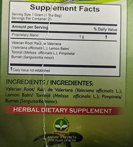 Nerviosan Calming Herbal Tea with Valerian Root, Lemon Balm & Burnet - 25 Bags - Peru