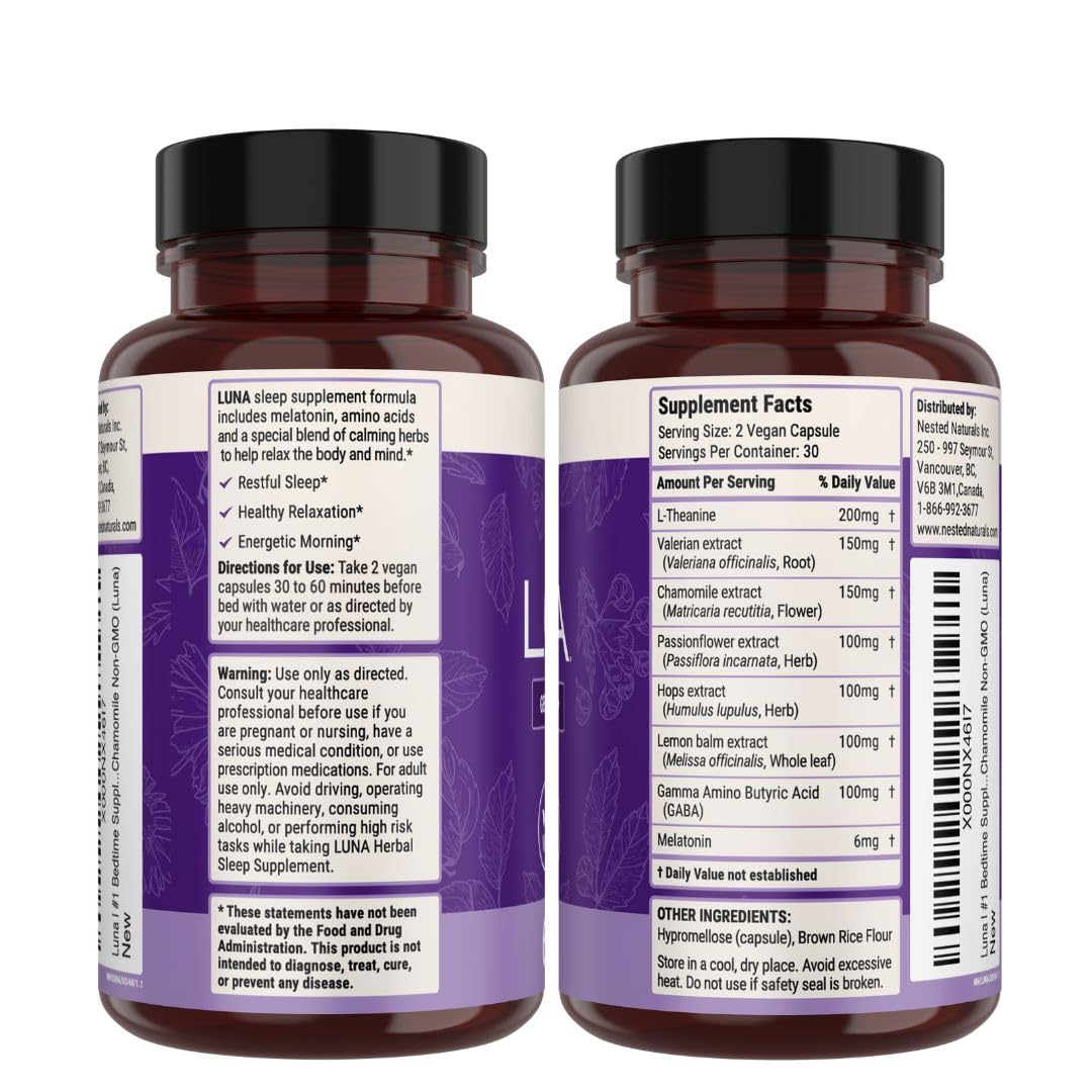 Nested Naturals Luna Sleep Aid – Natural, Non-Habit Forming Sleep Support for Adults | 120 Vegan Capsules