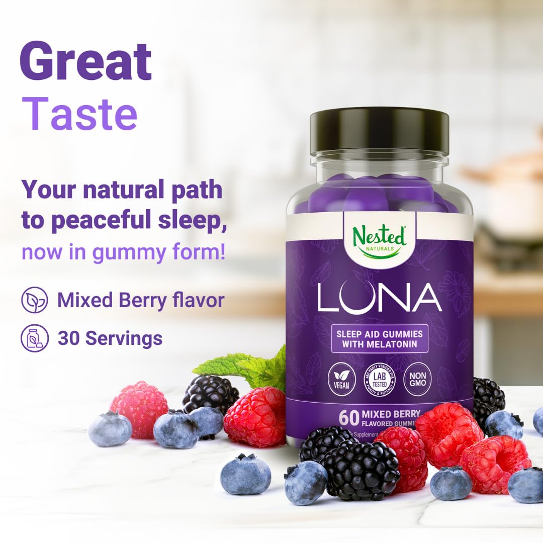 Nested Naturals Luna Sleep Gummies – Melatonin 3mg, L-Theanine, Valerian, GABA (60 Vegan Gummies)