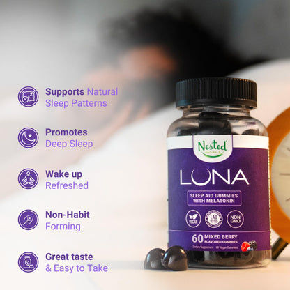 Nested Naturals Luna Sleep Gummies – Melatonin 3mg, L-Theanine, Valerian, GABA (60 Vegan Gummies)
