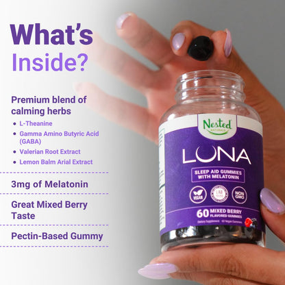 Nested Naturals Luna Sleep Gummies – Melatonin 3mg, L-Theanine, Valerian, GABA (60 Vegan Gummies)