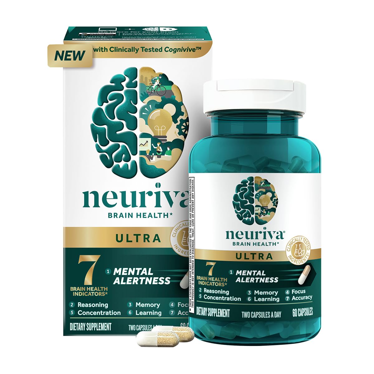NEURIVA Ultra Brain Supplement for Focus, Memory & Alertness — 2-Pack, 60 Capsules