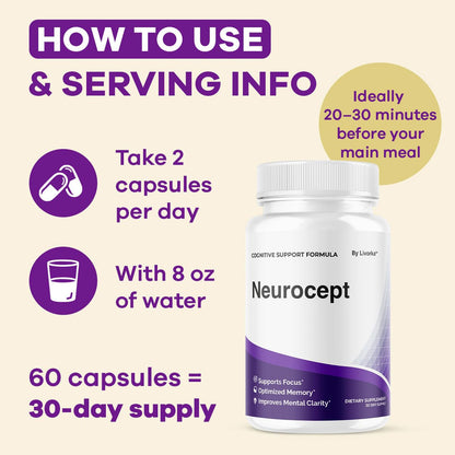 LIVORKA Neurocept Brain Supplement Capsules (5 Pack) — Focus, Memory & Clarity, 300 Capsules