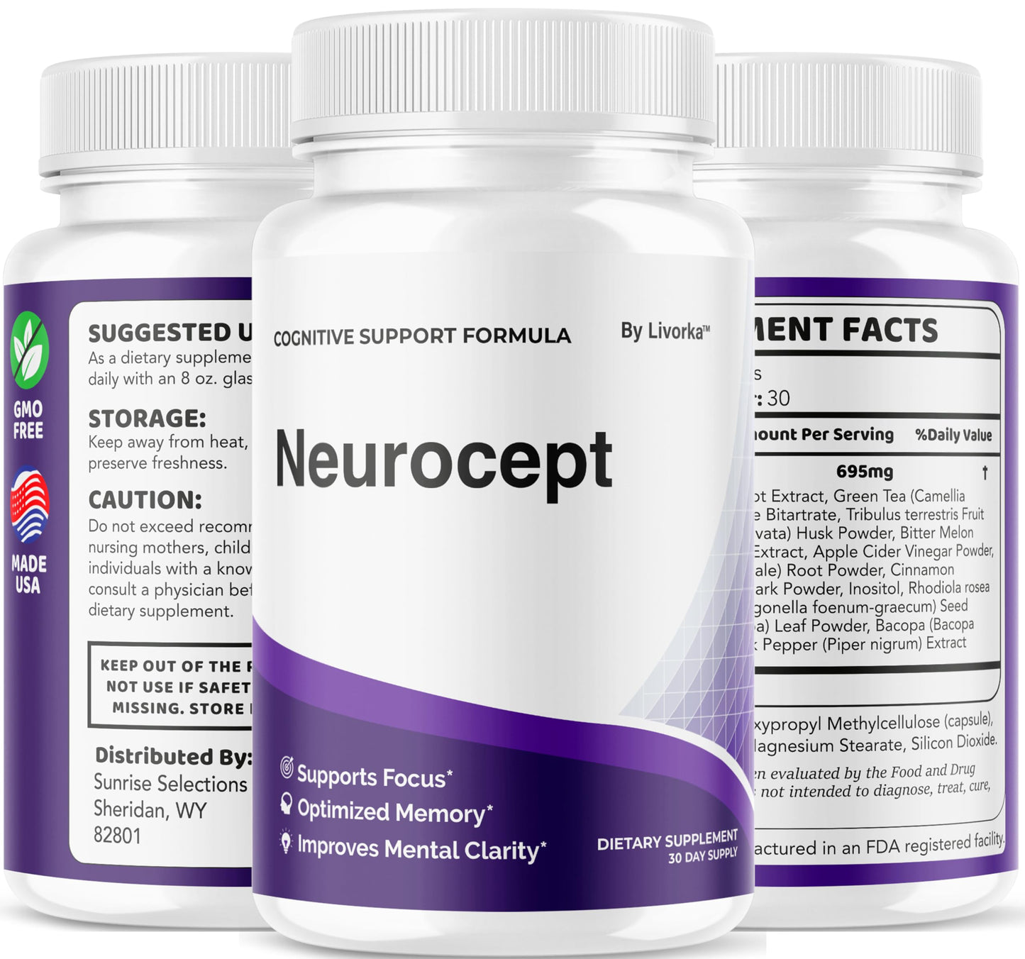 LIVORKA Neurocept Brain Supplement Capsules (5 Pack) — Focus, Memory & Clarity, 300 Capsules