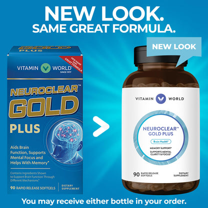 Vitamin World NeuroClear Gold Plus 90 Softgels – Phosphatidylserine, DHA, Ginkgo Biloba | Gluten Free