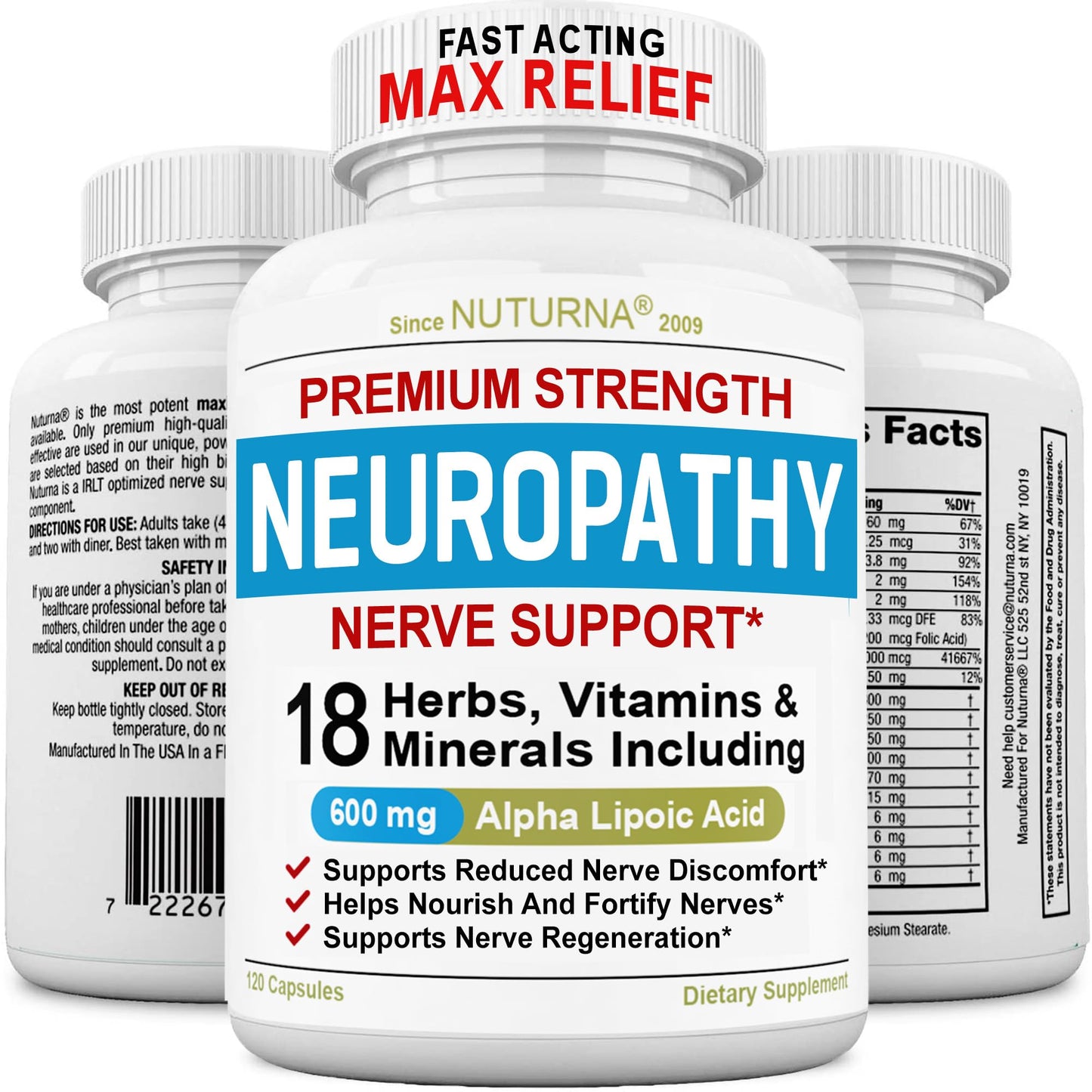 Nuturna Neuropathy Support: 600 mg Alpha Lipoic Acid Maximum Strength Nerve Support - 120 Capsules