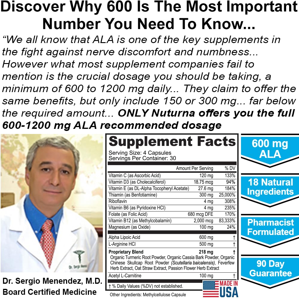 Nuturna Neuropathy Support: 600 mg Alpha Lipoic Acid Maximum Strength Nerve Support - 120 Capsules