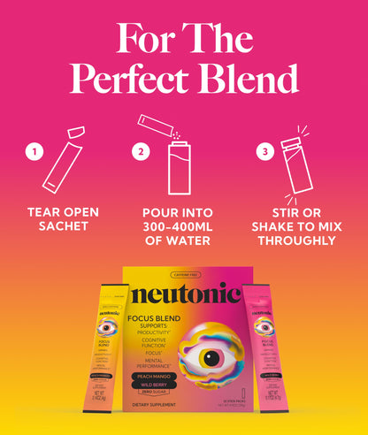 Neutonic Nootropic Focus Blend Powder | Peach Mango & Wild Berry, 32 Sticks | Caffeine Free