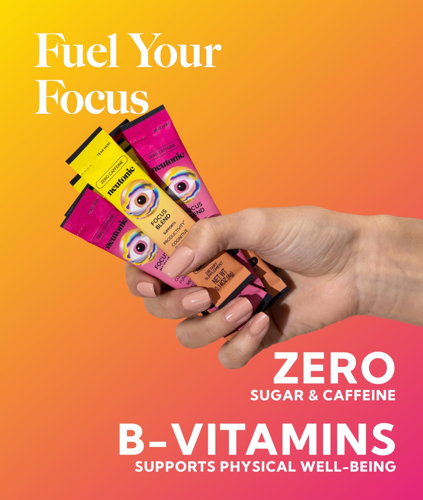 Neutonic Nootropic Focus Blend Powder | Peach Mango & Wild Berry, 32 Sticks | Caffeine Free