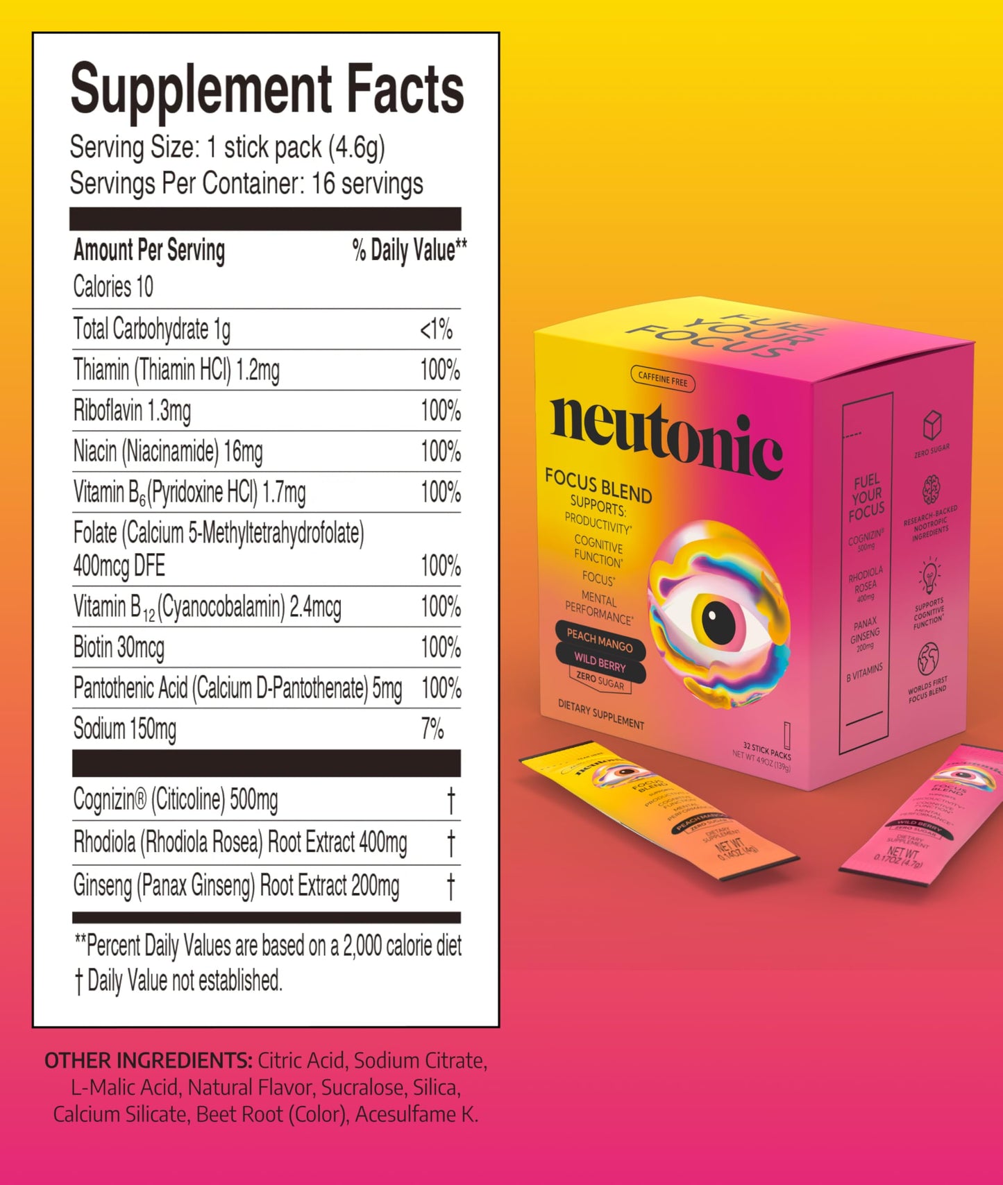 Neutonic Nootropic Focus Blend Powder | Peach Mango & Wild Berry, 32 Sticks | Caffeine Free