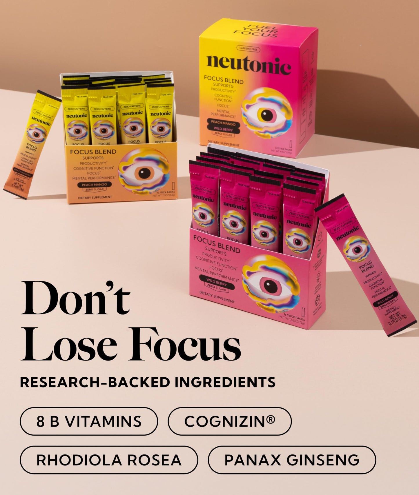 Neutonic Nootropic Focus Blend Powder | Peach Mango & Wild Berry, 32 Sticks | Caffeine Free