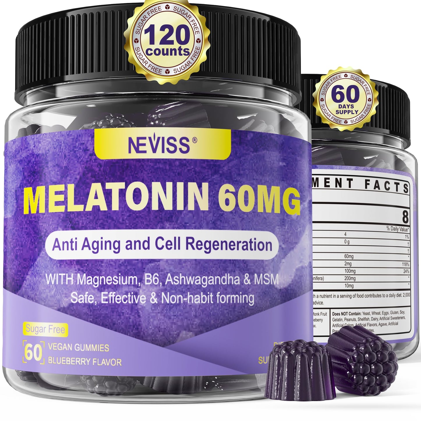 NEVISS Antioxidant Brain Support Melatonin Gummies 60mg for 50+ Adults | Immune & Anti-Aging
