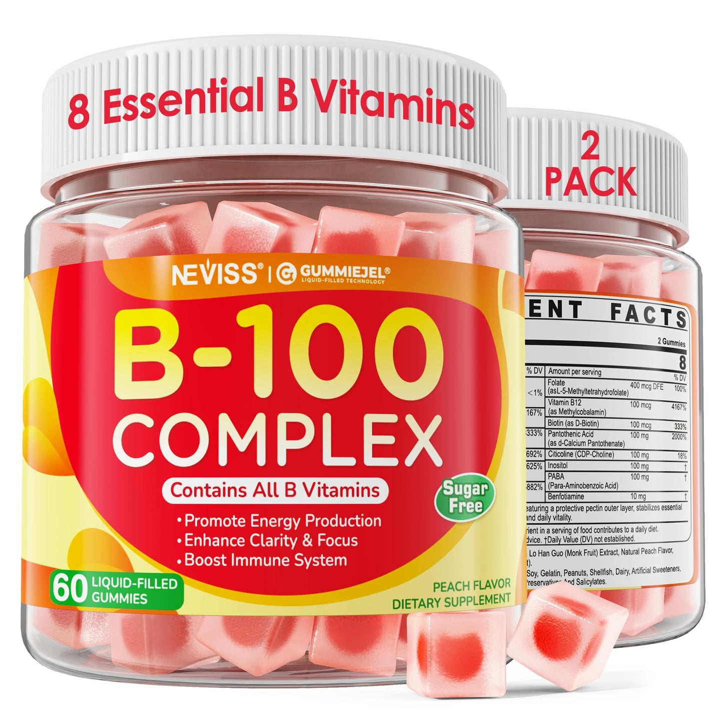 Neviss B100 Complex Gummies – 2 Pack Sugar-Free B Vitamins for Energy, Focus & Immunity