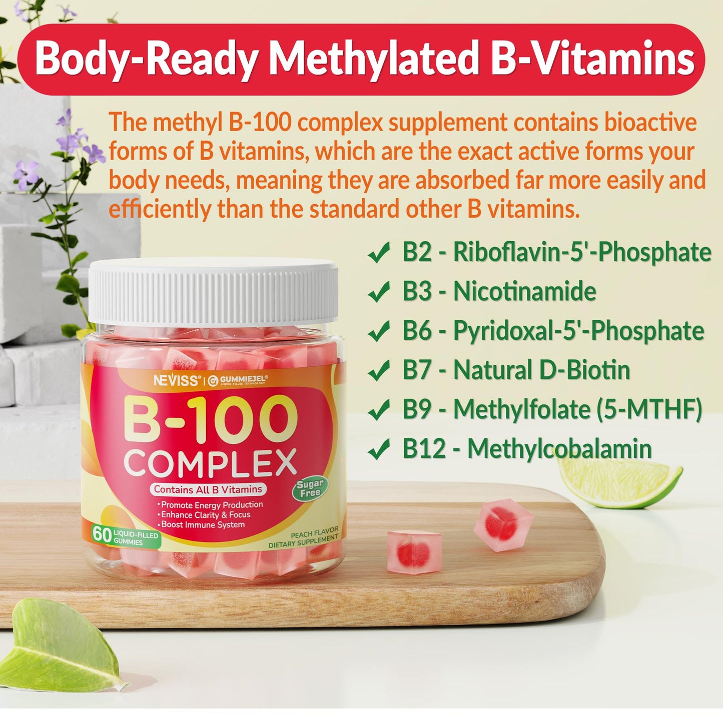 Neviss B100 Complex Gummies – 2 Pack Sugar-Free B Vitamins for Energy, Focus & Immunity
