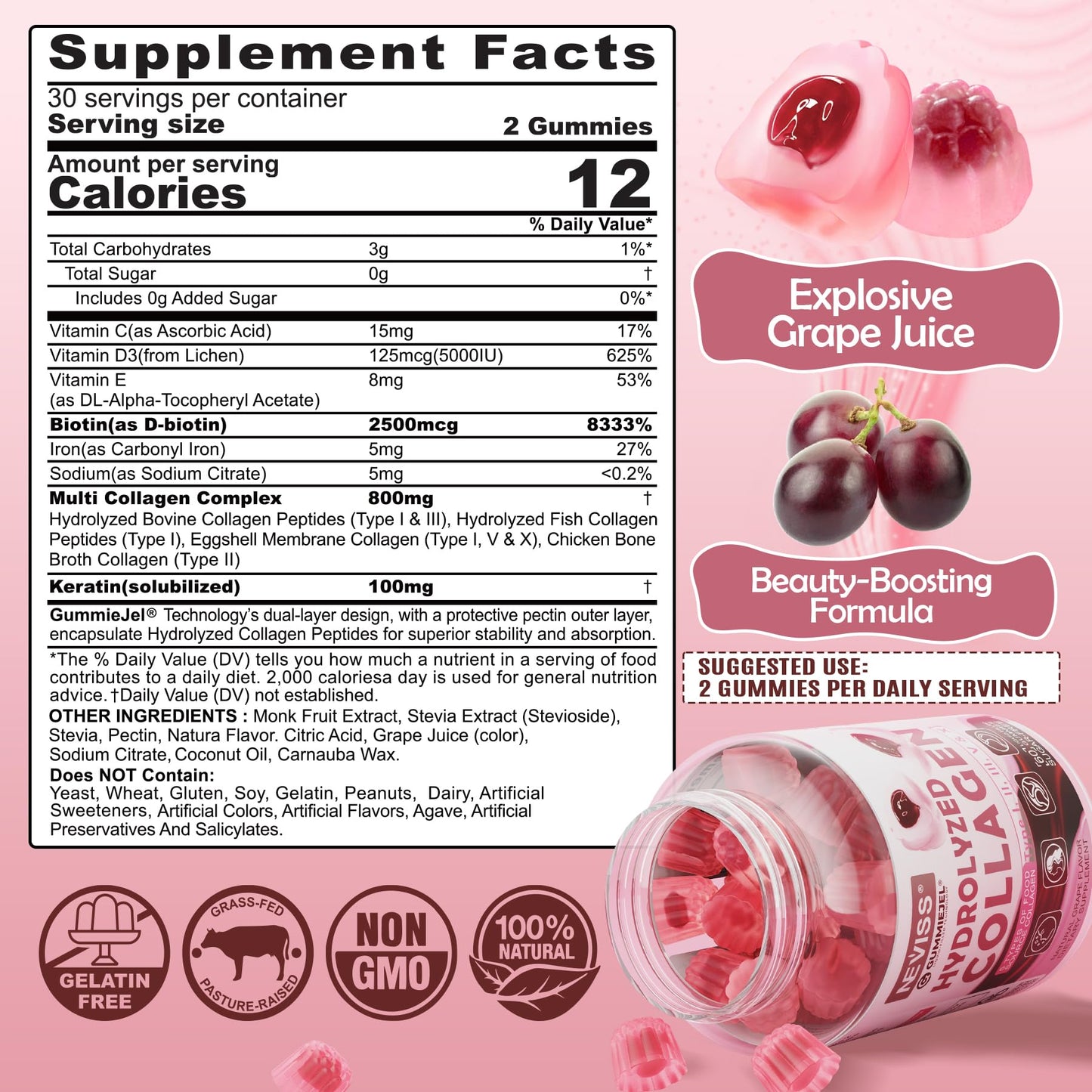 NEVISS Hydrolyzed Collagen Gummies – Multi-Type Collagen I–V & X with Vitamin D3 (120 ct)